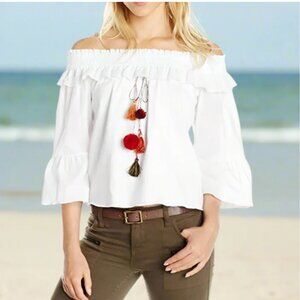 MISA Off Shoulder Crop Top Womens S White Cotton Boho Bell Sleeve Festival